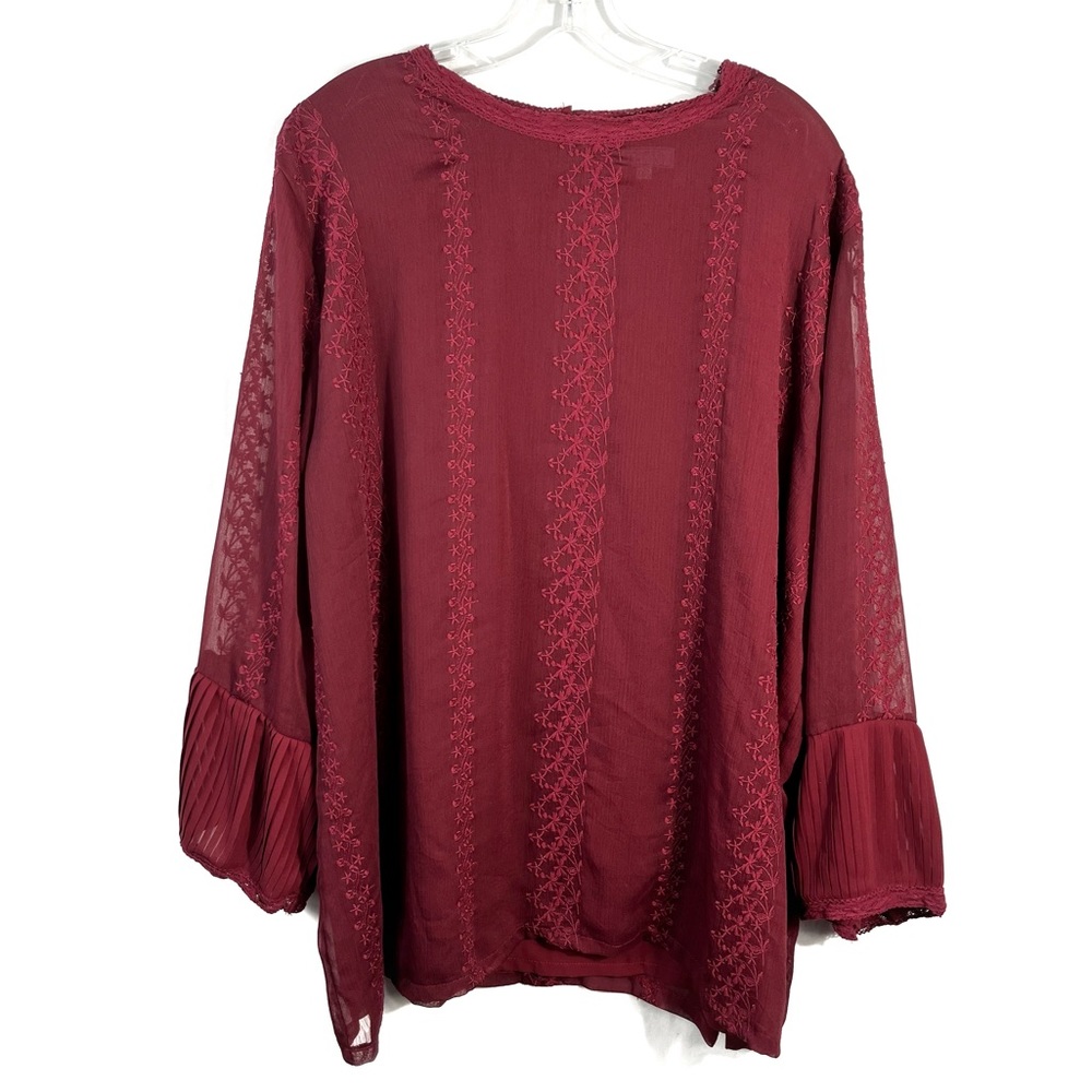 A Dip Of Darling Maroon Red Chiffon Balloon Sleeve Embroidered Lace Blouse 3X